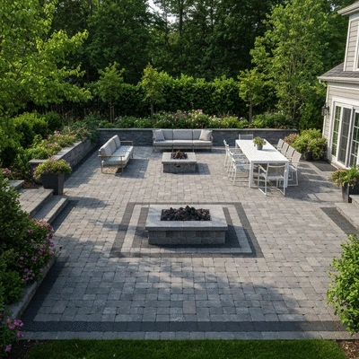 A beautifully designed paver patio with various zones in an outdoor space