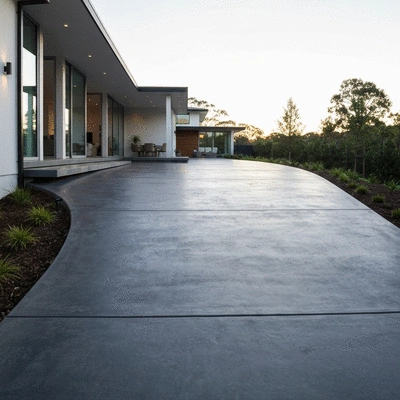 A beautifully designed concrete driveway leading to a modern home