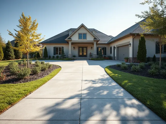 Modern concrete driveway with a house in the background